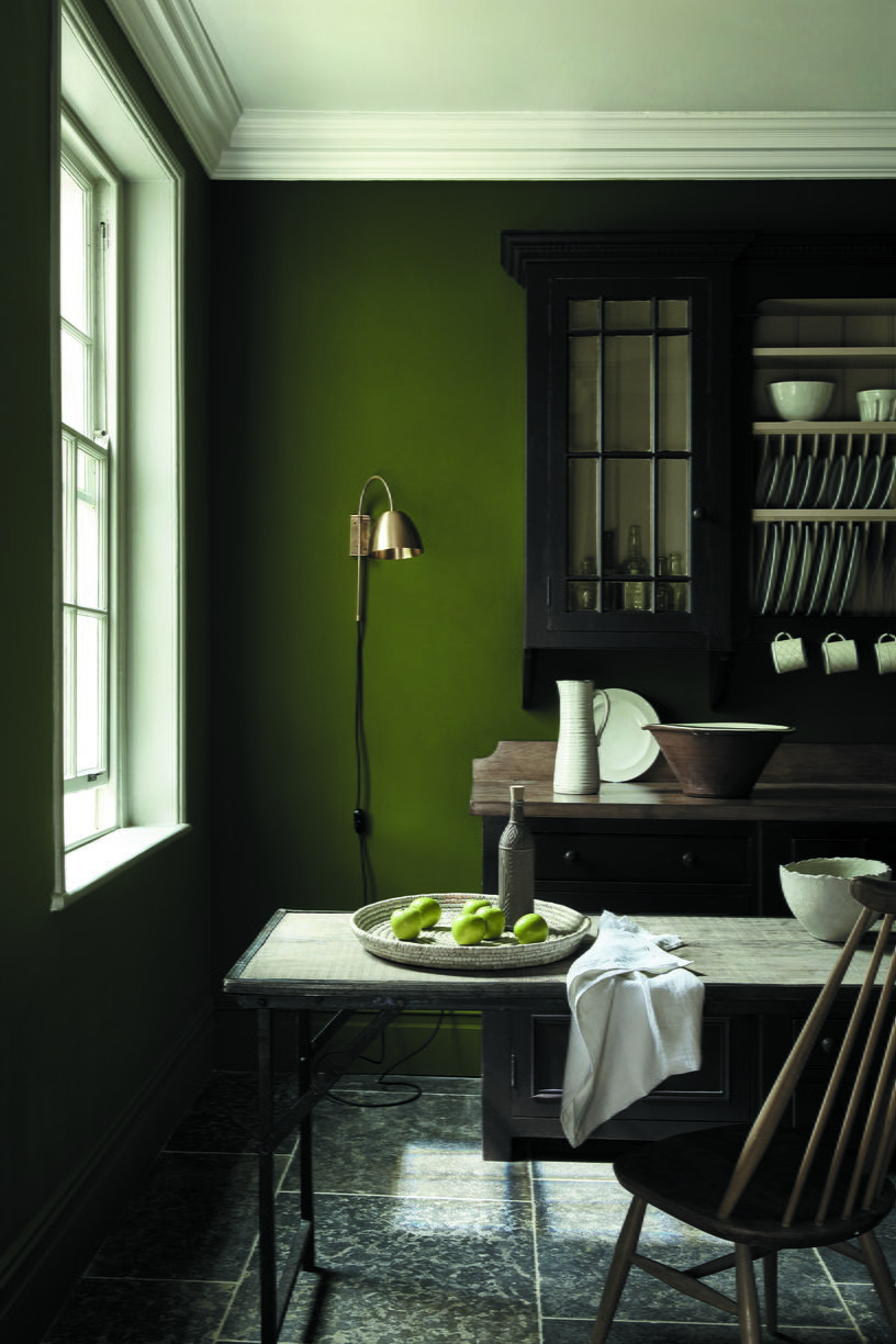 На стене применили цвет 303 Jewel Beetle, мебель окрашена в цвета 124 Chocolate Colour и 299 Pique (Little Greene)